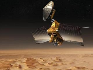 NASA's Mars Reconnaissance Orbiter passes above a portion of the planet called Nilosyrtis Mensae in this artist's concept illustration.