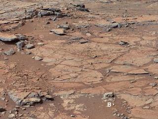The right Mast Camera (Mastcam) of NASA's Curiosity Mars rover provided this contextual view of the vicinity of the location called "John Klein," selected as Curiosity's first drilling site.