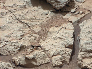 This image of an outcrop at the "Sheepbed" locality, taken by NASA's Curiosity Mars rover with its right Mast Camera (Mastcam), shows well-defined veins filled with whitish minerals, interpreted as calcium sulfate.