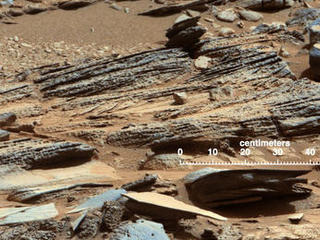 This image from the Mast Camera (Mastcam) on NASA's Mars rover Curiosity shows inclined layering known as cross-bedding in an outcrop called "Shaler" on a scale of a few tenths of meters, or decimeters (1 decimeter is nearly 4 inches).