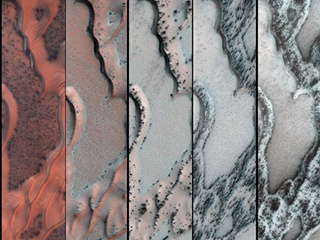 The High Resolution Imaging Science Experiment (HiRISE) camera on NASA's Mars Reconnaissance Orbiter snapped this series of false-color pictures of sand dunes in the north polar region of Mars