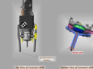 These schematic drawings show a top view and a cutaway view of a section of the drill on NASA's Curiosity rover on Mars.