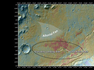 This false-color map shows the area within Gale Crater on Mars, where NASA's Curiosity rover landed on Aug. 5, 2012 PDT (Aug. 6, 2012 EDT) and the location where Curiosity collected its first drilled sample at the "John Klein" rock.