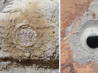 This set of images shows the results from the rock abrasion tool from NASA's Mars Exploration Rover Opportunity (left) and the drill from NASA's Curiosity rover (right).