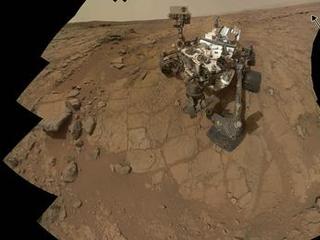 The location of a rock target called "Knorr" is indicated on this self-portrait of the Curiosity rover in the "Yellowknife Bay" area.