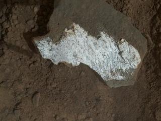 This close-up view of "Tintina" was taken by the rover's Mars Hand Lens Imager (MAHLI) on Sol 160 (Jan. 17, 2013) and shows interesting linear textures in the bright white material on the rock.