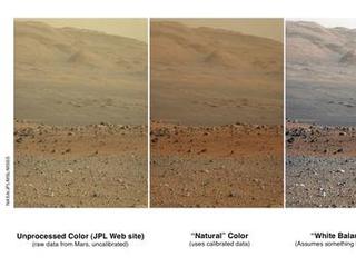 These three versions of the same image taken by the Mast Camera (Mastcam) on NASA's Mars rover Curiosity illustrate different choices that scientists can make in presenting the colors recorded by the camera.
