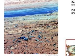 This image of terrain inside Mars' Gale Crater and the inset of the calibration target for the Mast Camera (Mastcam) on NASA's Mars rover Curiosity illustrate how false color can be used to make differences more evident in the materials in the scene.