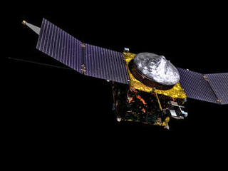 This is an artist's conception of NASA's Mars Atmosphere and Volatile Evolution MissioN (MAVEN)  Mars orbiter.