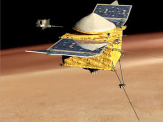 This is a side view of an artist's conception of NASA's Mars Atmosphere and Volatile Evolution MissioN (MAVEN)  Mars orbiter.