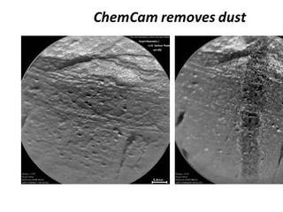 This pair of images taken a few minutes apart show how laser firing by NASA's Mars rover Curiosity removes dust from the surface of a rock.