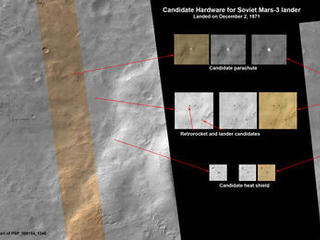 This set of images shows what might be hardware from the Soviet Union's 1971 Mars 3 lander, seen in a pair of images from the High Resolution Imaging Science Experiment (HiRISE) camera on NASA's Mars Reconnaissance Orbiter.