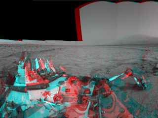 Left and right eyes of the Navigation Camera (Navcam) in NASA's Curiosity Mars rover took the dozens of images combined into this stereo scene of the rover and its surroundings.
