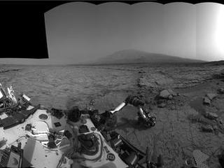 This left-eye member of a stereo pair of images from the Navigation Camera (Navcam) on NASA's Curiosity Mars rover shows a full 360-degree view of the rover's surroundings at the site where it first drilled into a rock.