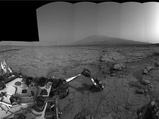 This right-eye member of a stereo pair of images from the Navigation Camera (Navcam) on NASA's Curiosity Mars rover shows a full 360-degree view of the rover's surroundings at the site where it first drilled into a rock.