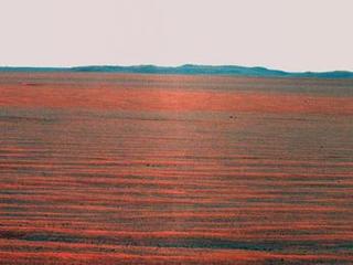 NASA's Mars Exploration Rover Opportunity used its panoramic camera to record this eastward horizon view on the 2,407th Martian day, or sol, of the rover's work on Mars (October 31, 2010).