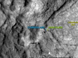 This map shows the location of "Cumberland," the second rock-drilling target for NASA's Mars rover Curiosity, in relation to the rover's first drilling target, "John Klein," within the southwestern lobe of a shallow depression called "Yellowknife Bay."