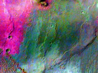 Part of a multispectral THEMIS infrared image of Nili Patera caldera on Syrtis Major has been superimposed on a high-resolution THEMIS visual image.