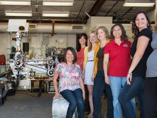 Pictured here are a few of the women working on Mars with the Curiosity test rover model in the background.  The image was taken in the "Mars Yard" where the ground test model of the Curiosity rover is housed.