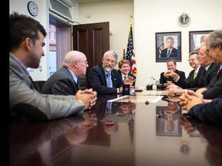 Dr. John Holdren, Director of the Office of Science and Technology Policy, 3rd from left, meets with members of the NASA Mars Science Laboratory team on Thursday, Aug. 1, 2013, at the Eisenhower Executive Office Building in Washington.