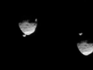 These six images from NASA's Mars rover Curiosity show the two moons of Mars moments before (left three) and after (right three) the larger moon, Phobos, occulted Deimos on Aug. 1, 2013.