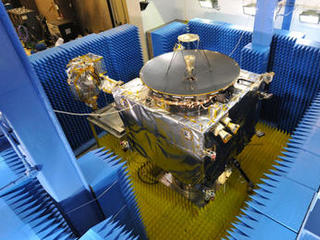 The MAVEN spacecraft is shown here in testing for Electromagnetic Interference and Electromagnetic Compatibility.