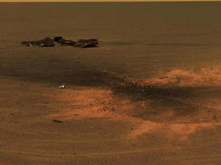 This stunning image features the heat shield impact site of NASA's Mars Exploration Rover Opportunity.