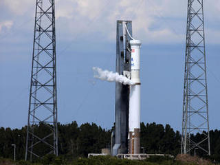 The United Launch Alliance Atlas V rocket stands at Launch Complex 41 on Cape Canaveral Air Force Station in Florida during a "wet dress rehearsal."