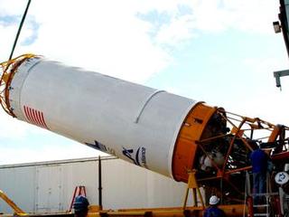 At Cape Canaveral Air Force Station in Florida, the United Launch Alliance Centaur second stage is lifted for stacking atop its Atlas V first stage at Launch Pad 41 in preparation for the Mars Atmosphere and Volatile Evolution, or MAVEN, mission.