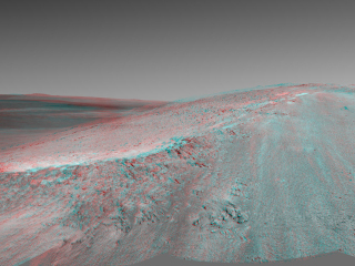 This stereo view shows the "Murray Ridge" portion of the western rim of Endeavour Crater on Mars. It appears three-dimensional when seen through blue-red glasses with the red lens on the left.