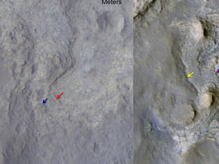 Images of locations in Gale Crater taken from orbit around Mars reveal evidence of erosion in recent geological times and development of small scarps, or vertical surfaces.