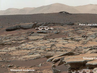 This mosaic of images from the Mast Camera (Mastcam) instrument on NASA's Curiosity Mars rover shows a series of sedimentary deposits in the Glenelg area of Gale Crater, from a perspective in Yellowknife Bay looking toward west-northwest.