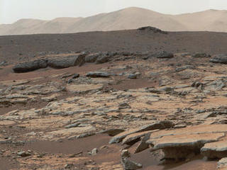 This mosaic of images from the Mast Camera (Mastcam) instrument on NASA's Curiosity Mars rover shows a series of sedimentary deposits in the Glenelg area of Gale Crater, from a perspective in Yellowknife Bay looking toward west-northwest.