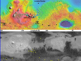 This pair of maps indicates locations of confirmed sites of recurrent slope linea on Mars, with respect to elevation (upper map) and surface brightness, or albedo (lower map).