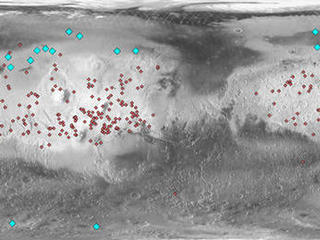 This map of Mars indicates locations of new craters that have excavated ice (blue) and those that have not (red). The underlying map is based on the brightness, or albedo, of the Martian surface.
