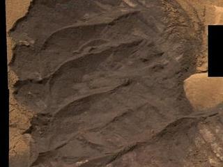 This is a "scuff" mark or rover "boot print" in the Gusev Crater location dubbed "Serpent."
