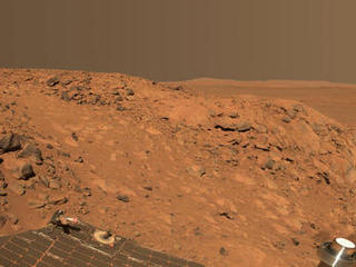 This stunning image mosaic of the "Columbia Hills" is the first 360-degree panorama taken since the Mars Exploration Rover Spirit arrived at the hills over a month ago.
