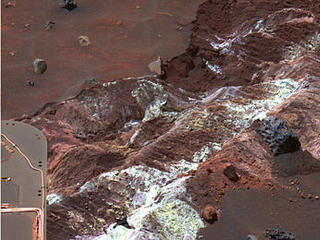 Spirit discovered this remarkable patch of bright, loose soil while driving toward "Home Plate" along the floor of the basin south of "Husband Hill" in Gusev Crater.