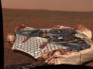 This image shows the Spirit rover's landing site, the Columbia Memorial Station, at Gusev Crater, Mars.