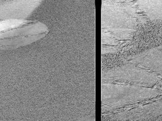 The circular shapes seen on the martian surface in these images are "footprints" left by Opportunity's airbags during landing as the spacecraft gently rolled to a stop.