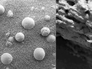 The left image shows an extreme close-up of round, blueberry-shaped formations in the martian soil near a part of the rock outcrop at Meridiani Planum called Stone Mountain.