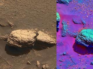 The color image on the left was taken by the panoramic camera onboard the Mars Exploration Rover Opportunity shows the part of the rock outcrop dubbed Stone Mountain at Meridiani Planum, Mars.