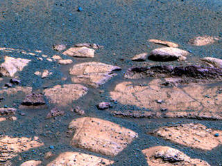 This false color image suggests that the plains beyond the small crater where the Mars Exploration Rover Opportunity now sits are littered with the same dark grey material found inside the crater in the form of spherules or "blueberries."