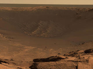 This 360-degree panorama shows "Endurance Crater" and the surrounding plains of Meridiani Planum.