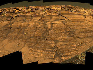 Opportunity captured this view of "Burns Cliff" after driving right to the base of this southeastern portion of the inner wall of "Endurance Crater."