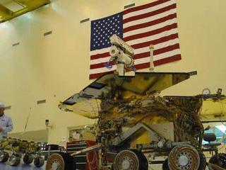 One of two Mars Exploration Rovers sits inside its cruise stage waitingto undergo environmental testing at NASA's Jet PropulsionLaboratory.
