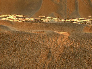 These images of a sand "ripple" were acquired by Opportunity using its panoramic camera on sol 644 and its navigation camera on sol 645.