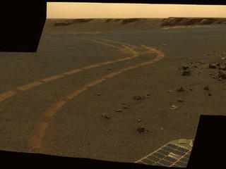 NASA's twin Mars Exploration Rovers got smarter as they got older. This view from Opportunity shows the tracks left by a drive executed with more onboard autonomy than has been used on any other drive by a Mars rover.