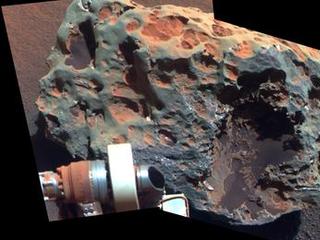 This view of a rock called "Block Island," the largest meteorite yet found on Mars, comes from the panoramic camera (Pancam) on Opportunity.