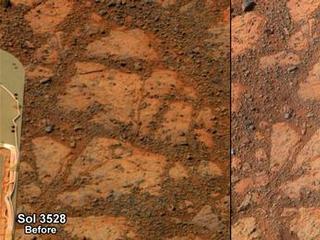 This before-and-after pair of images of the same patch of ground in front of NASA's Mars Exploration Rover Opportunity 13 days apart documents the arrival of a bright rock onto the scene.